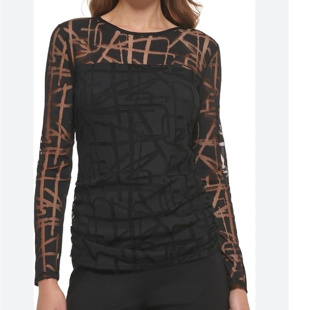 DKNY Womens Black Mesh Ruched Long Sleeve Abstract Print Top S Goth Witchy Class